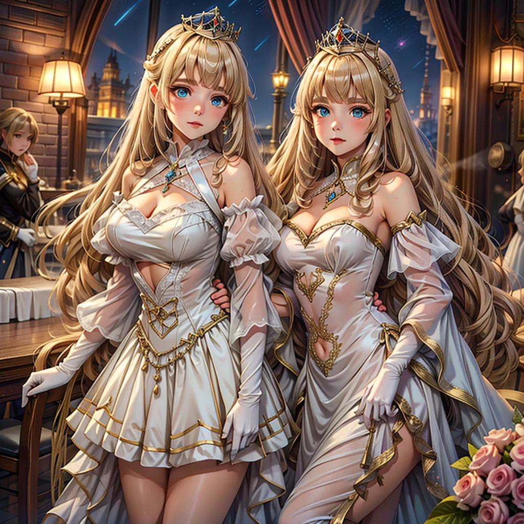 Always detailed face, Perfect lighting, Highly detailed CG, (Perfect hands, Perfect Anatomy),Super detailed,24-years-old，university student，Charmed，Sacred，in love，Medium Chest、Seductive pose，(Princess Dress:1.2)，Dark blonde hair，e Blue Eye Aximalism，Multi-layered delicate frills，たくさんのrace，(Delicate pattern:1.1)，(Beautiful costumes:1.1)，(Yellow-white tone)，Princess Crown，See-through, transparent clothing，Beautifully detailed face，Bedroom scenes in western mythology，night，One person，(Flowing skirt:1.1)，Beautiful dear others.、，race,(Shine:1.2), (Highest quality), (Tabletop:1.2),、ピンクのraceのパンティー　White Long Gloves　The whole body is covered in oil and has a glossy appearance.　Steam is coming out of my whole body　Steam like a sauna room fills the entire screen.　White breath from the mouth