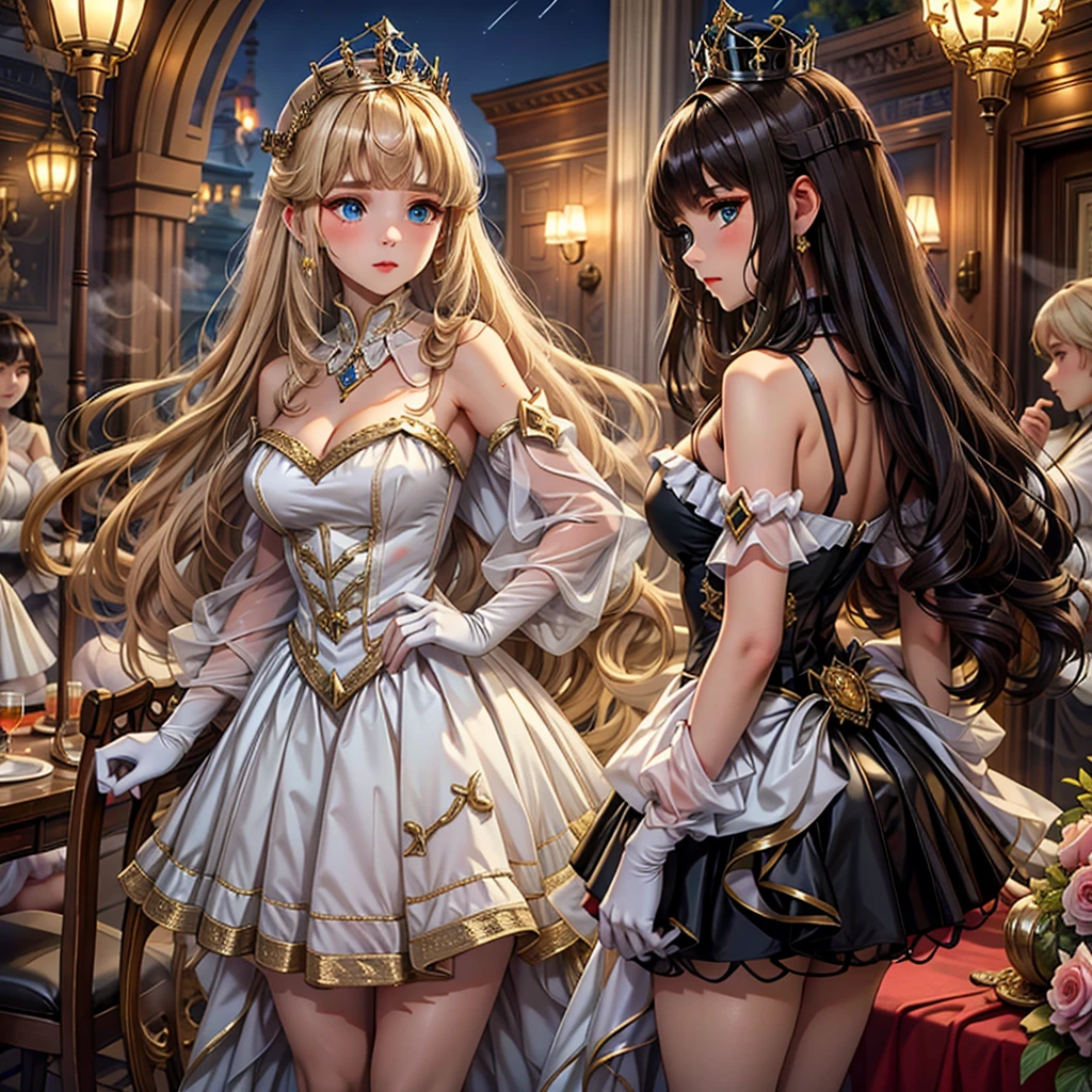 Always detailed face, Perfect lighting, Highly detailed CG, (Perfect hands, Perfect Anatomy),Super detailed,24-years-old，university student，Charmed，Sacred，in love，Medium Chest、Seductive pose，(Princess Dress:1.2)，Dark blonde hair，e Blue Eye Aximalism，Multi-layered delicate frills，たくさんのrace，(Delicate pattern:1.1)，(Beautiful costumes:1.1)，(Yellow-white tone)，Princess Crown，See-through, transparent clothing，Beautifully detailed face，Bedroom scenes in western mythology，night，One person，(Flowing skirt:1.1)，Beautiful dear others.、，race,(Shine:1.2), (Highest quality), (Tabletop:1.2),、ピンクのraceのパンティー　White Long Gloves　The whole body is covered in oil and has a glossy appearance.　Steam is coming out of my whole body　Steam like a sauna room fills the entire screen.　White breath from the mouth