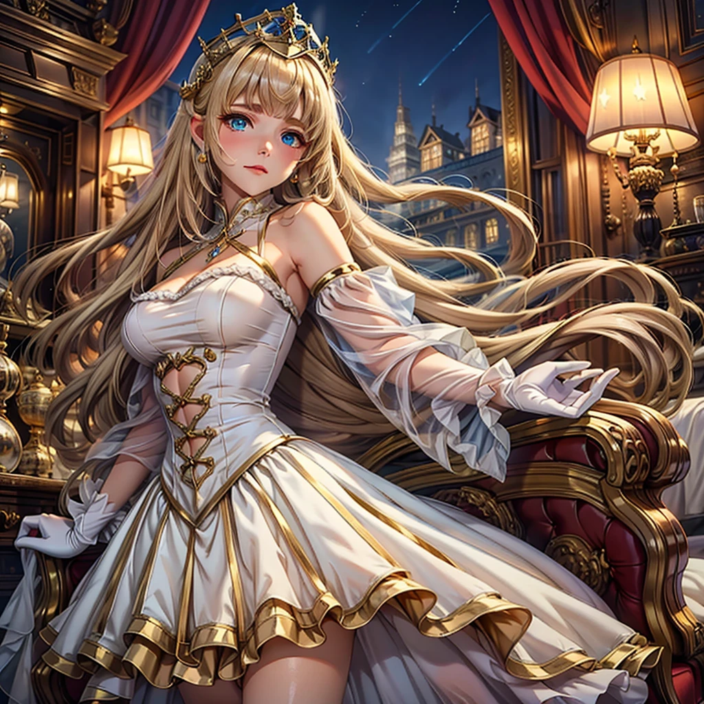 Always detailed face, Perfect lighting, Highly detailed CG, (Perfect hands, Perfect Anatomy),Super detailed,24-years-old，university student，Charmed，Sacred，in love，Medium Chest、Seductive pose，(Princess Dress:1.2)，Dark blonde hair，e Blue Eye Aximalism，Multi-layered delicate frills，たくさんのrace，(Delicate pattern:1.1)，(Beautiful costumes:1.1)，(Yellow-white tone)，Princess Crown，See-through, transparent clothing，Beautifully detailed face，Bedroom scenes in western mythology，night，One person，(Flowing skirt:1.1)，Beautiful dear others.、，race,(Shine:1.2), (Highest quality), (Tabletop:1.2),、ピンクのraceのパンティー　White Long Gloves　The whole body is covered in oil and has a glossy appearance.　Steam is coming out of my whole body　Steam like a sauna room fills the entire screen.　White breath from the mouth