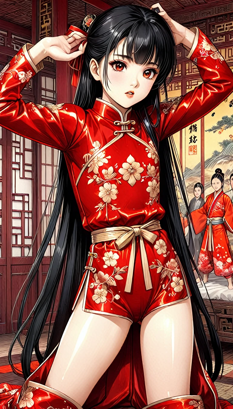 A tragic historical drama in 8k live-action style: Beautiful palace secrets　Beautiful 10 year old Chinese Kung Fu Princess with long black hair is tied up and has her pussy exposed　Gorgeous embroidery, Ultra glossy, She is wearing a shiny red top and bottom long sleeve floral pajama kung fu suit....　　