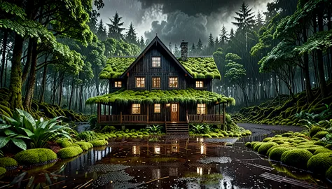 a wooden house in the middle of a dense forest, rain, dark clouds, 8k, detailed, hyper-realistic, cinematic lighting, moody atmo...