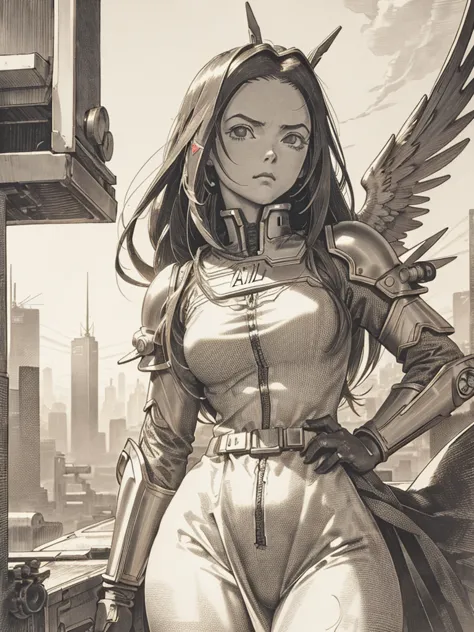 ultradetailed, black and white, battle angel alita dressed , sun at sunrise behind her, an engraving in black and white by albre...