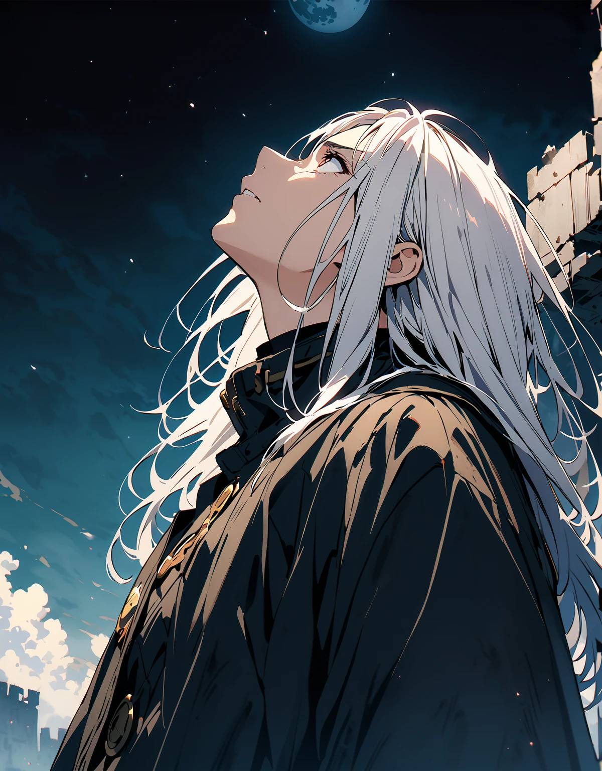 (whole body)Highest quality、Very high quality、high resolution、Serious face,(Detailed face), (Fine grain),白髪の  流れるような髪と長いwhole bodyローブ, Black boots,(The moon behind him),  White long hair,  (Looking up at the sky)profile,Background ruins,