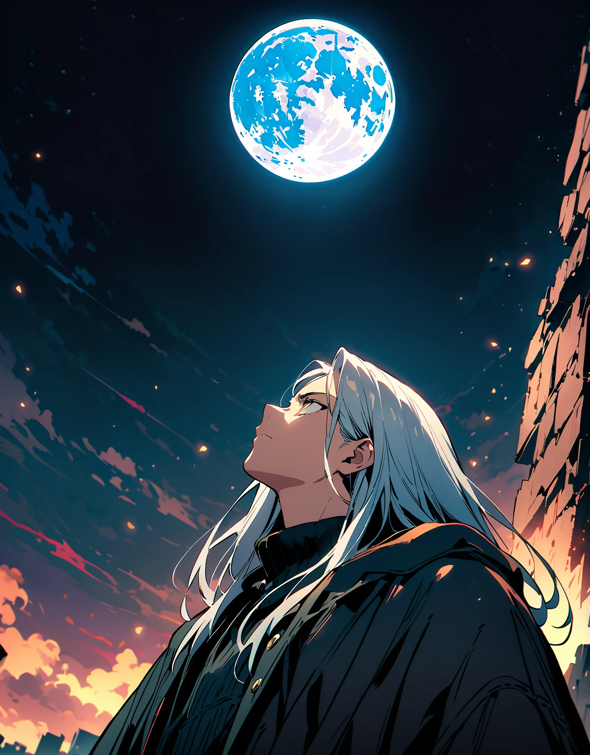 (whole body)Highest quality、Very high quality、high resolution、Serious face,(Detailed face), (Fine grain),白髪の  流れるような髪と長いwhole bodyローブ, Black boots,(The moon behind him),  White long hair,  (Looking up at the sky)profile,Background ruins,