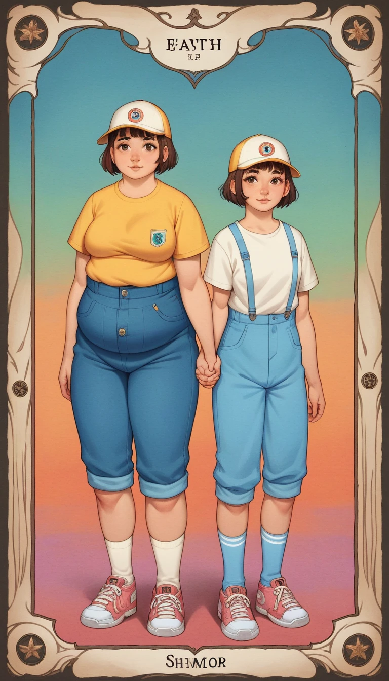 score_9, score_8_up, score_7_up, score_6_up, score_5_up, score_4_up, 
2others, female, (twins:1.2), (holding hands) , ((fat, fat body, short, small height:1.5)), (short haircut:1.5), detailed eyes, eyelashes, frills, (cap, T-shirt, jumpsuit, suspenders, knee socks, sneakers),
Full body standing painting, (((solo))), Simple line design, ((tarot card background, symmetric beauty)), perfectly symmetrical, The art of symmetry, floating drawings of characters, ((flatcolors)), tmasterpiecetop Qualities qualtiy