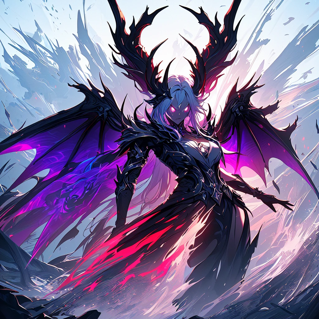 anime character with a purple and black wings and a purple and black dragon, purple ancient antler deity, warframe hound, fit girl demon with white horns, demon soul concept art, detailed warframe, lolth, female djinn demon hybrid, warframe infested art, nightmare render, warframe hound art, king of time reaper, illithid, (1girl, solo, medium shot:1.5), dynamic pose, expressive, anger, snarl