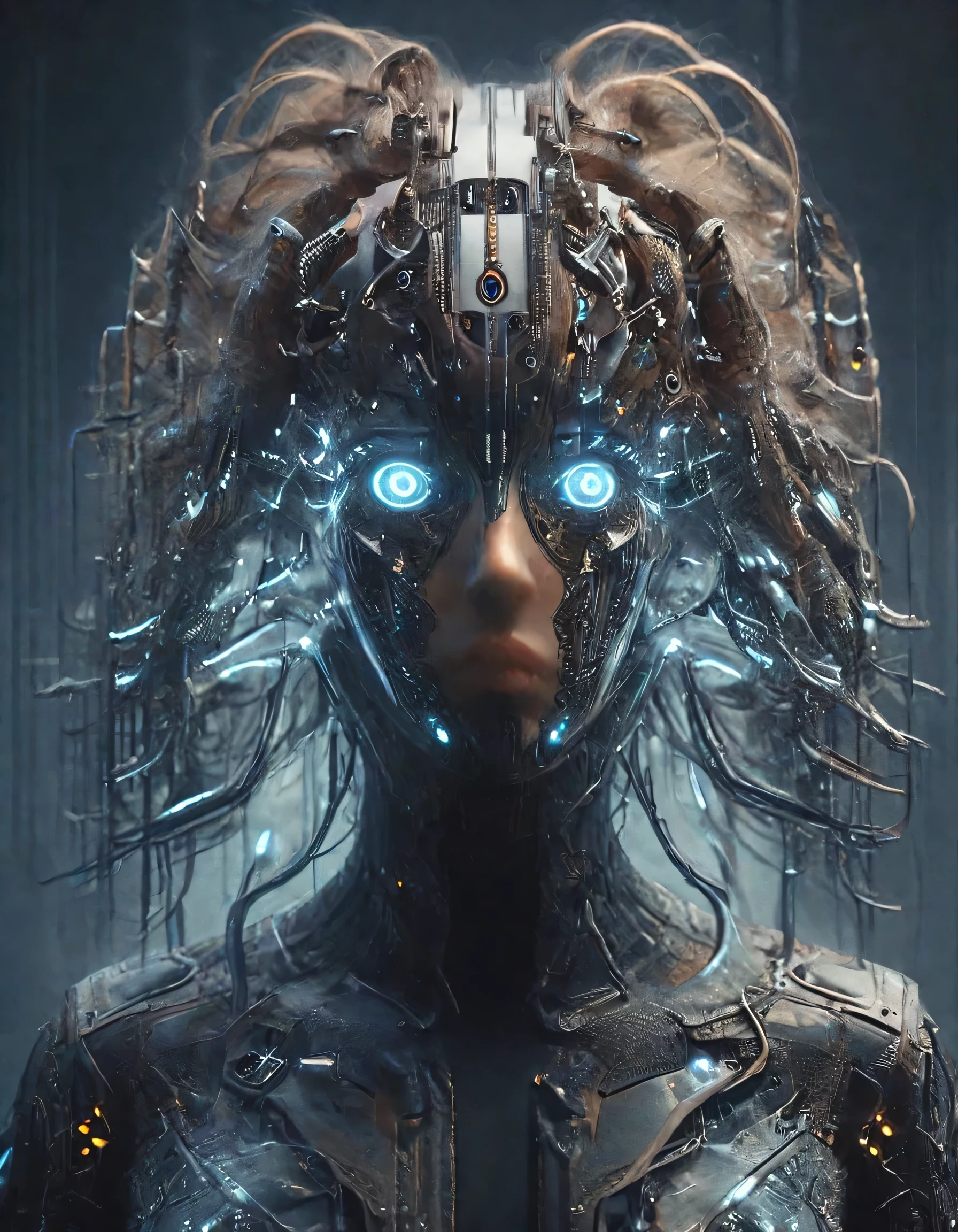 cyberpunk queen,symmetrical face,symmetrical body,flowing hair with computer circuits,portrait,muted colors,character concept,border and embellishments inspiried,fractals,galaxy cyberpukai fractalvines circuitboard by diegocr,teslapunkai 