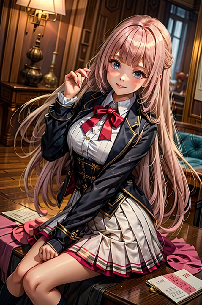 a beauty girl，Uniform ribbon，Cute Blazer，Laughter，girl，length，anime a girl，Highest quality，huge ，Pink Hair，masterpiece，Great style，length，Sexy and cute，Ultra-high resolution，beautiful a girl，Lovely girl，loose socks，Perfect beautiful girl，HD quality，８Ｋ，