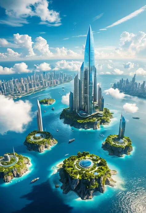(masterpiece, best quality:1.1),
(sky floating islands flying over the sea),  skyscrapers on islands floating in the sky,futuris...