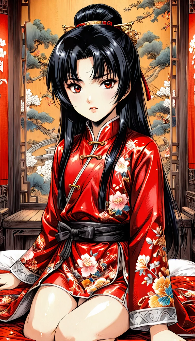 A tragic historical drama in 8k live-action style: Beautiful palace secrets　Beautiful 10 year old Chinese Kung Fu Princess with long black hair is tied up and has her pussy exposed　Gorgeous embroidery, Ultra glossy, She is wearing a shiny red top and bottom long sleeve floral pajama kung fu suit....　　