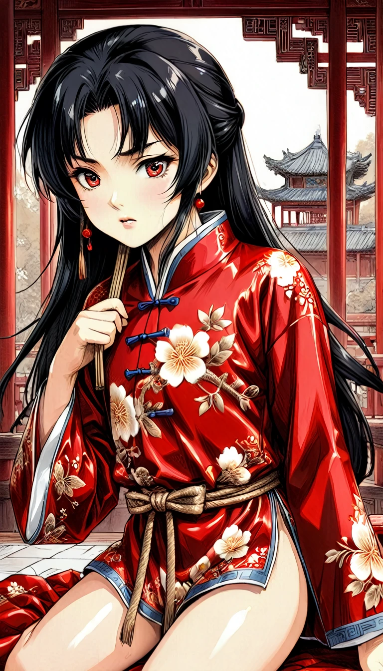 A tragic historical drama in 8k live-action style: Beautiful palace secrets　Beautiful 10 year old Chinese Kung Fu Princess with long black hair is tied up and has her pussy exposed　Gorgeous embroidery, Ultra glossy, She is wearing a shiny red top and bottom long sleeve floral pajama kung fu suit....　　