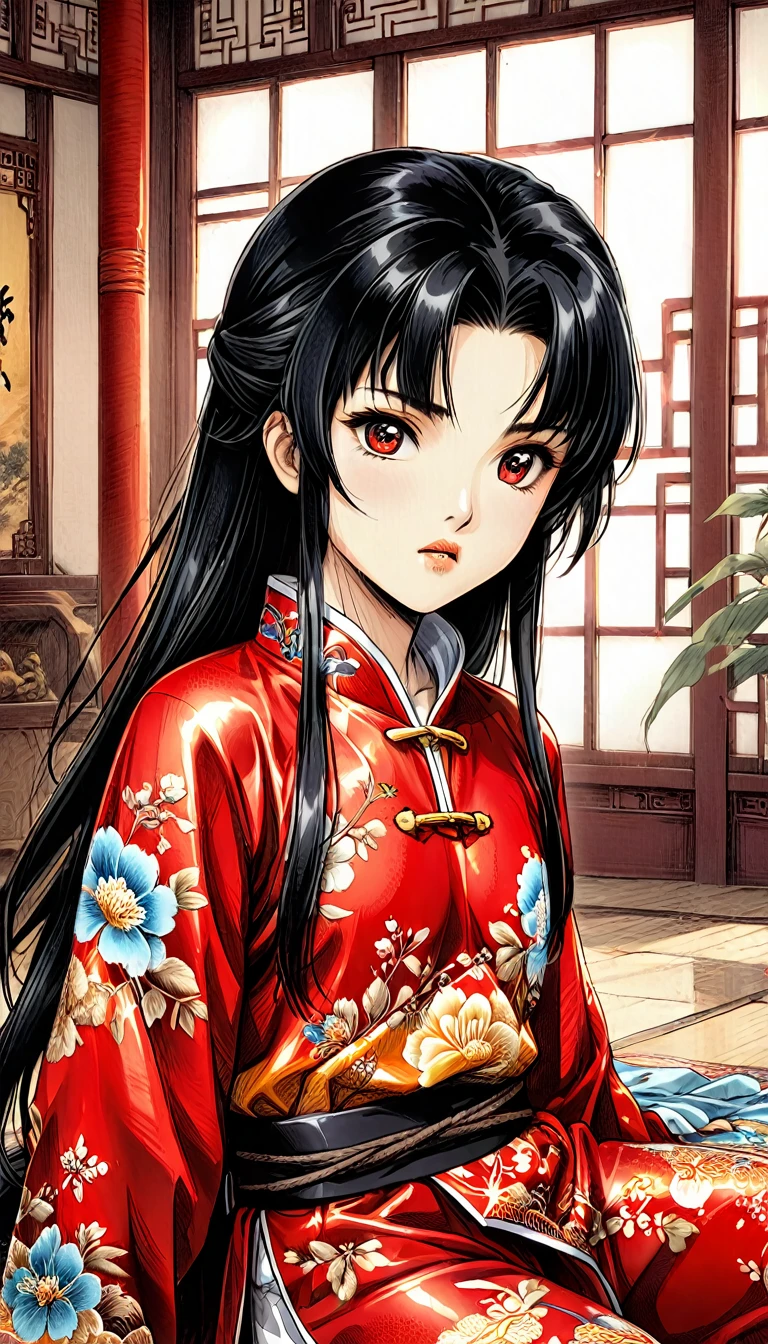 A tragic historical drama in 8k live-action style: Beautiful palace secrets　Beautiful 10 year old Chinese Kung Fu Princess with long black hair is tied up and has her pussy exposed　Gorgeous embroidery, Ultra glossy, She is wearing a shiny red top and bottom long sleeve floral pajama kung fu suit....　　