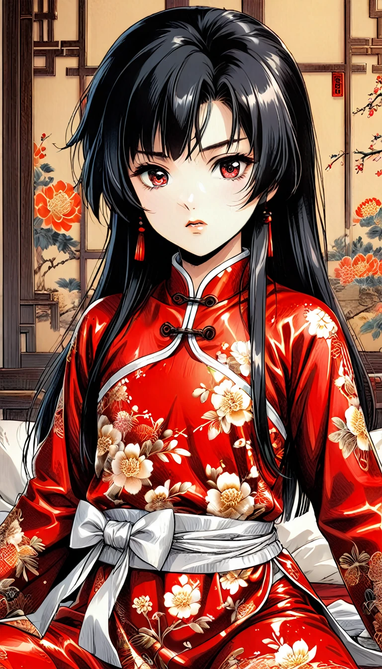 A tragic historical drama in 8k live-action style: Beautiful palace secrets　Beautiful 10 year old Chinese Kung Fu Princess with long black hair is tied up and has her pussy exposed　Gorgeous embroidery, Ultra glossy, She is wearing a shiny red top and bottom long sleeve floral pajama kung fu suit....　　