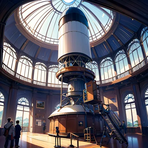 A huge telescope was in an indoor observation room on the top floor of the building, with the circular dome-shaped roof open up ...