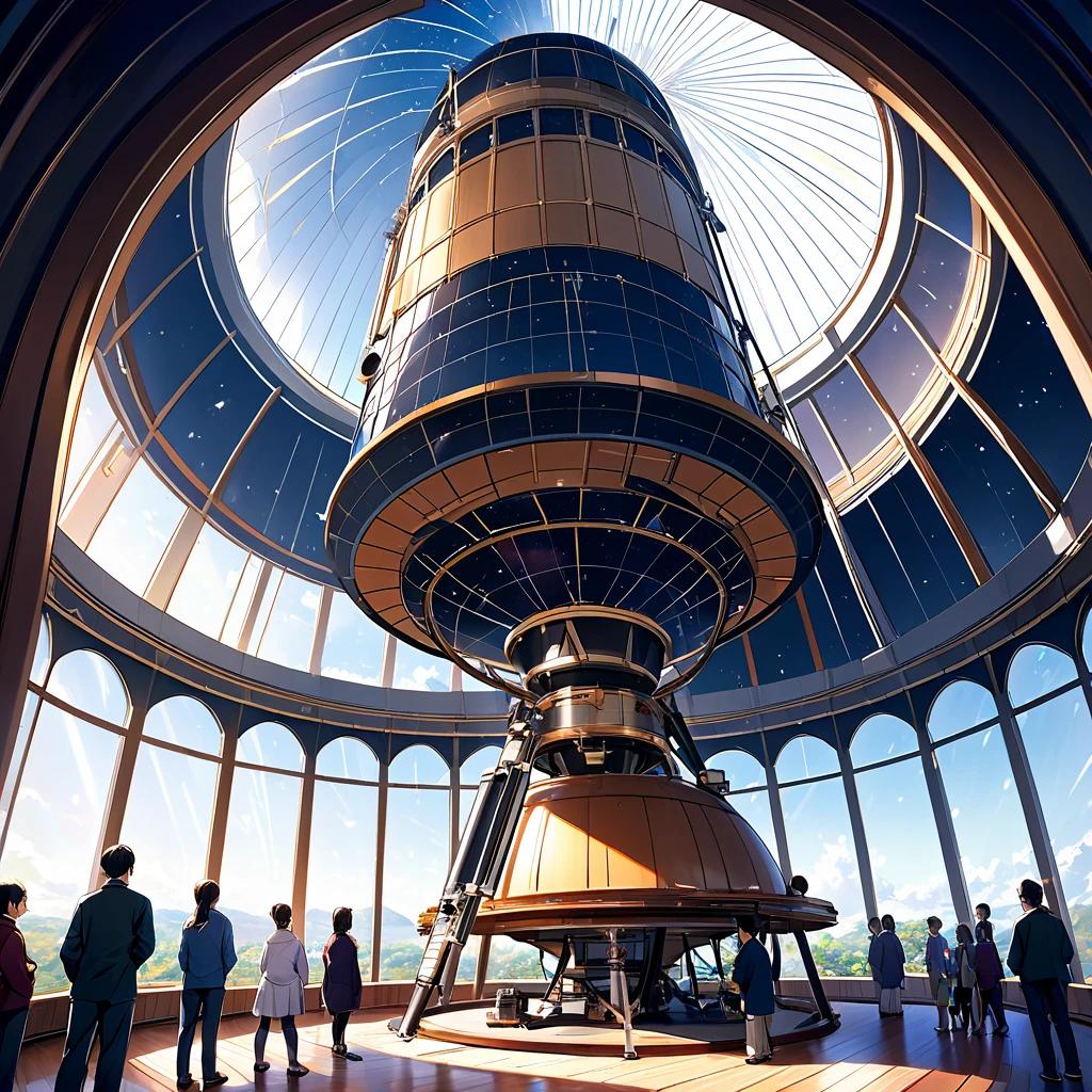 大楼顶层的室内观察室内有一台巨大的望远镜, 圆形穹顶打开，让望远镜可以观察宇宙, 学者们聚集在周围的走廊里, 谈论某事, 在天空中的皇家城堡里,