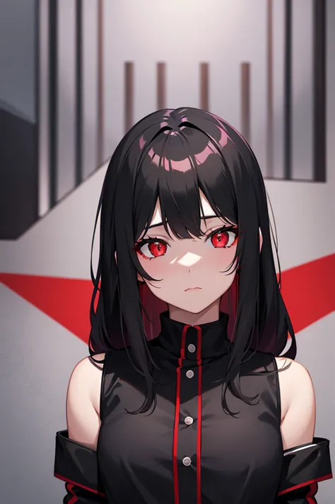 ten girls with black and red uniform and red eyes with black pupils, ten beautiful girls