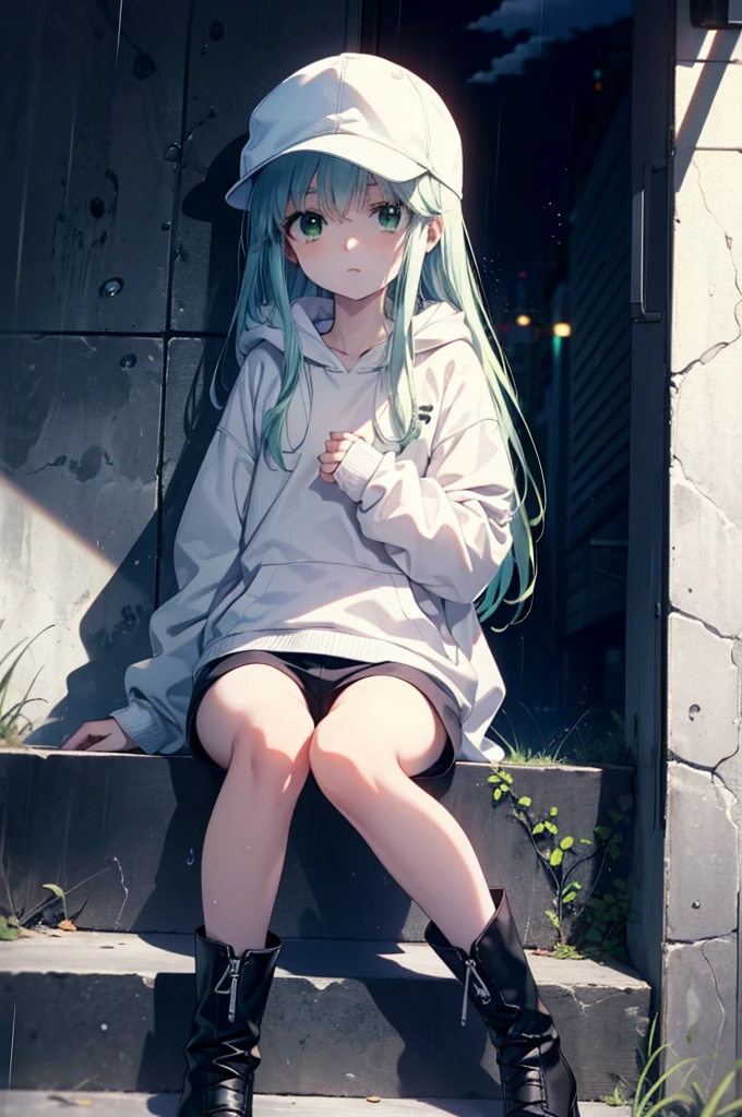 index, index, (Green Eyes:1.5), Silver Hair, Long Hair, (Flat Chest:1.2),Baseball hats,Oversized white hoodie,Shorts,black tights,short boots,Sitting on the steps of a building leaning against a wall,Hiding in a roofed building,rain,cloudy,whole bodyがイラストに入るように,
break looking at viewer, whole body,
break outdoors, In town,
break (masterpiece:1.2), Highest quality, High resolution, unity 8k wallpaper, (figure:0.8), (Beautiful attention to detail:1.6), Highly detailed face, Perfect lighting, Highly detailed CG, (Perfect hands, Perfect Anatomy),