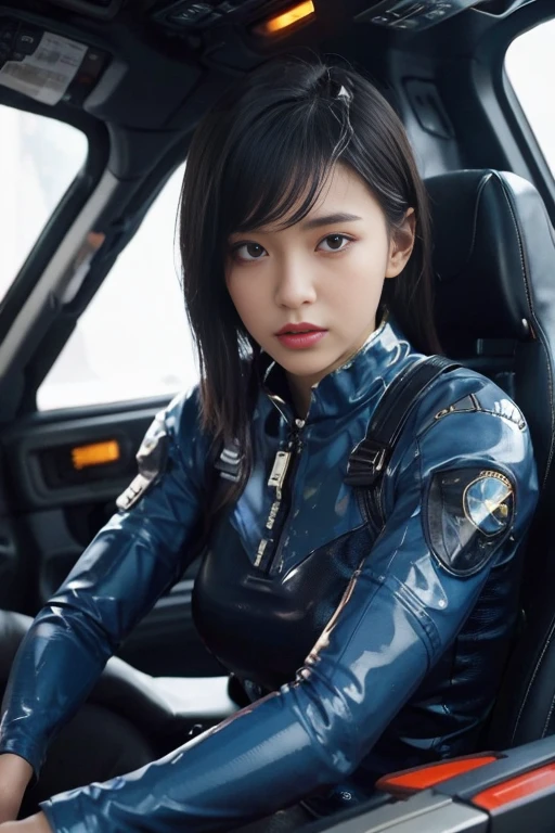 Straight Hair, White latex space suit glued to the body, very beautiful, very attractive, very good, Cockpit space, Large Breasts, Window on the Universe, Brown