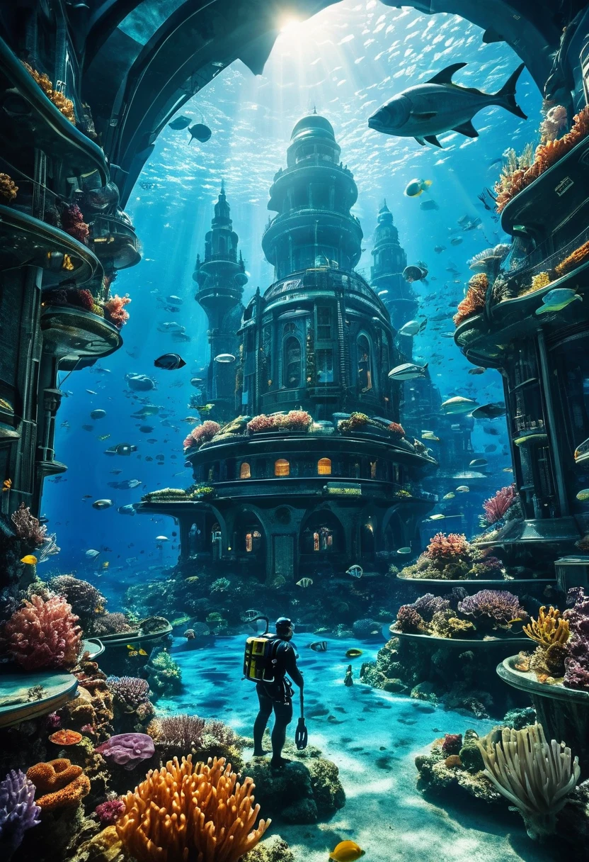 (obra maestra, mejor calidad:1.1),
(ciudad submarina),  rascacielos en Dome City en aguas profundas,ciudad futurista,profundidad de campo,Retrato,Los pescadores viven allí,