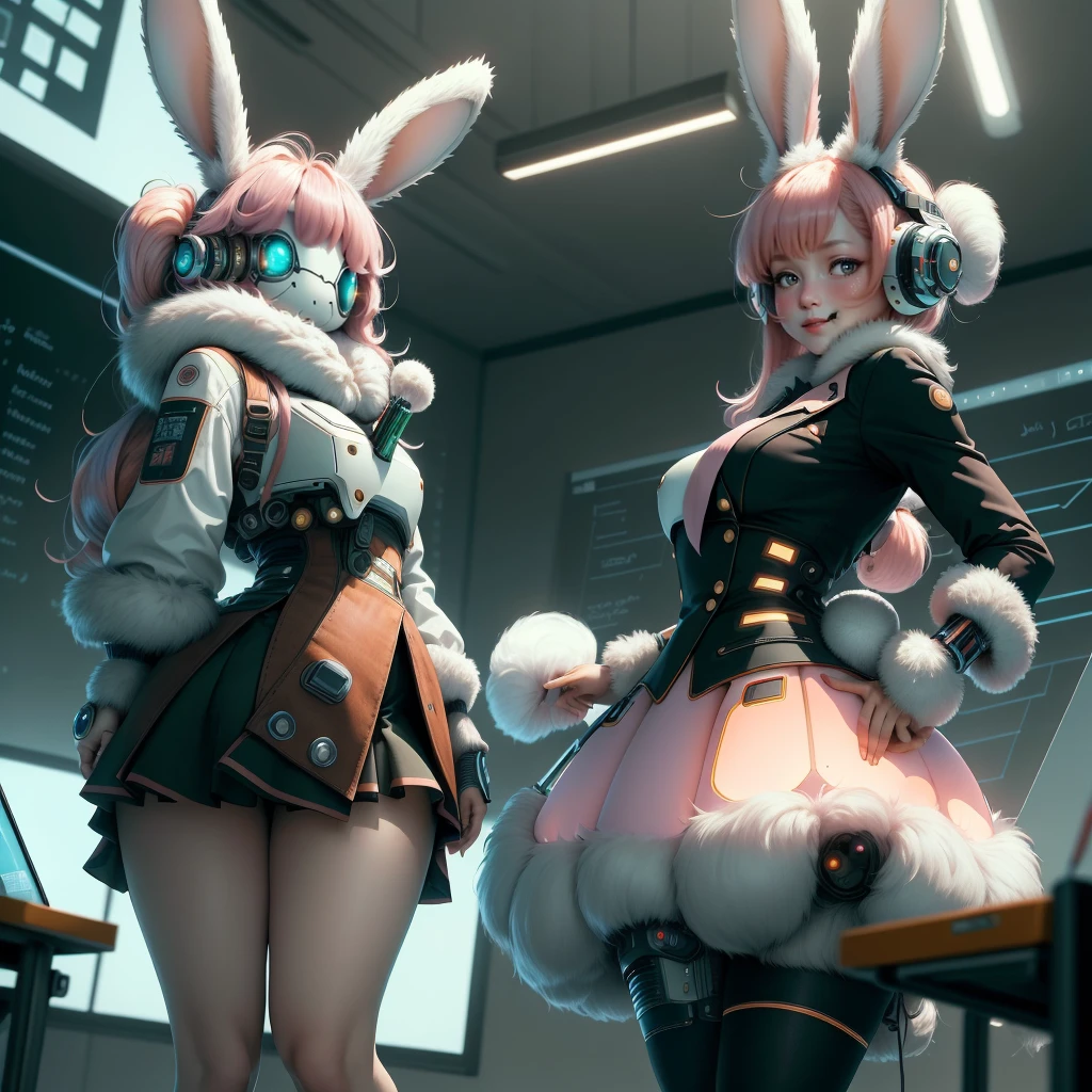 Best quality, masterpiece, extreme detail, 8K, official art, bunnytech, fluffy, futuristic sci-fi, (scholar), (projector), (whiteboard class), (teaching laser pointer), scroll, (a middle-aged tutor Wearing rabbit head mask), (solo), (full body shot), long hair, pink hair, glowing eyes, smile, skirt suit, three-piece suit, tie, tight skirt