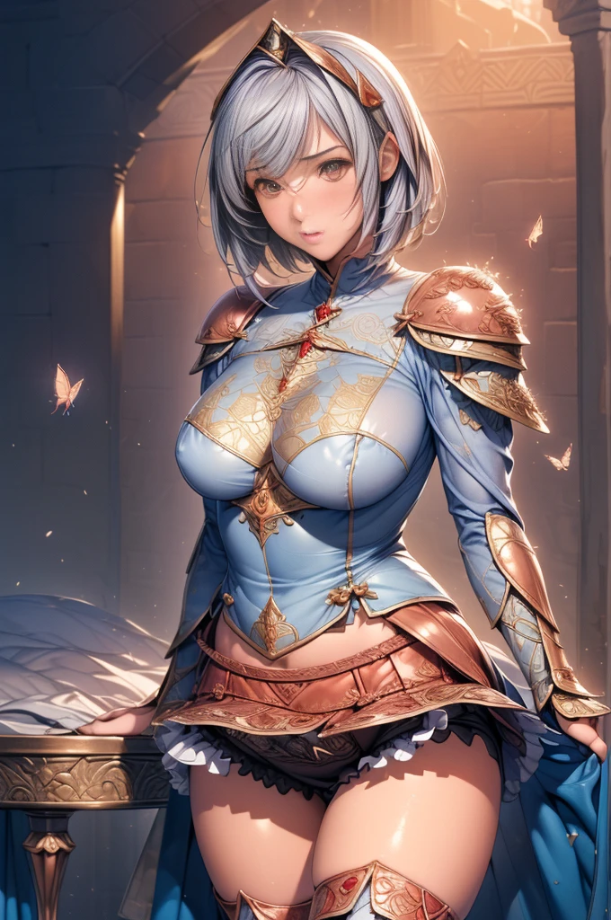 {Highest quality}, {とてもbeautiful}, {Super detailed}, {最高のAn illustration}, masterpiece,(((Skirt flip:1.5))),((Showing off her butterfly micro panties)),((Holy Knight)), ((Red copper armor))、((((Extremely detailed and intricately decorated armor:1.1)))),Red Cowboy Shot,smooth udder、big 、(Golden Ratio,Tabletop, Highest quality, Highest quality, Official Art, beautifully、beautiful:1.2), Very detailed, colorful,Best details,An illustration, Great scene, (Adult,19 years old,One Girl, alone, Final Fantasy 12,Asheria:1.5, Asheria:1.5, Asheria:1.5, short hair, short hair,Bobcut,Silver Hair:1.2,Asheria Costume:1.5, Asheria Costume:1.5, mini skirt,Knee socks, Thighs Thighs Thighs Thighs, gem, Blue Belt,Belt number 1),Course of action, A look of contempt ,