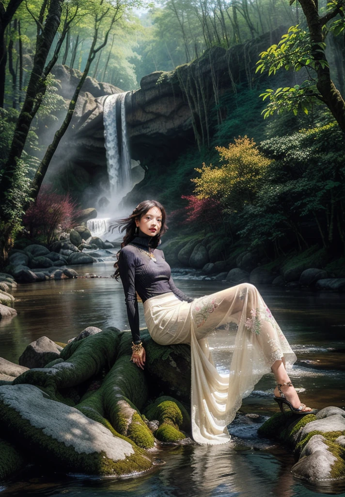 1girl,posture model,(portrait of a full body:1), sitting, book,slg,forest,waterfall, river,path,
(stochastic angle, stochastic pose,stochastic action),
luxury, jewelry, ornate, necklace, bracelet, hairpin,embroidery, (see-through Cream turtleneck, floral maxi skirt:1) 