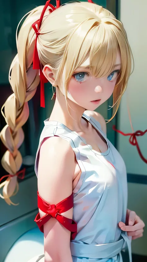 (((White tank top、Red string:1.1)))、魅力的なおButt、おButtにフォーカス、Young European Woman、Grey blonde girl、Loosely tied braids、Very realist...