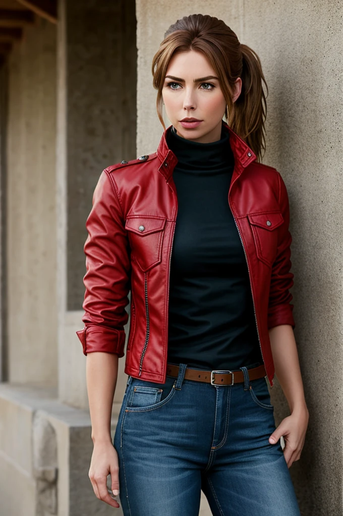 photo realistic, ElizabethTurner standing,  Claire Redfield,  ponytail,red jacket, BREAK, black turtleneck, jeans ,sandy beach,