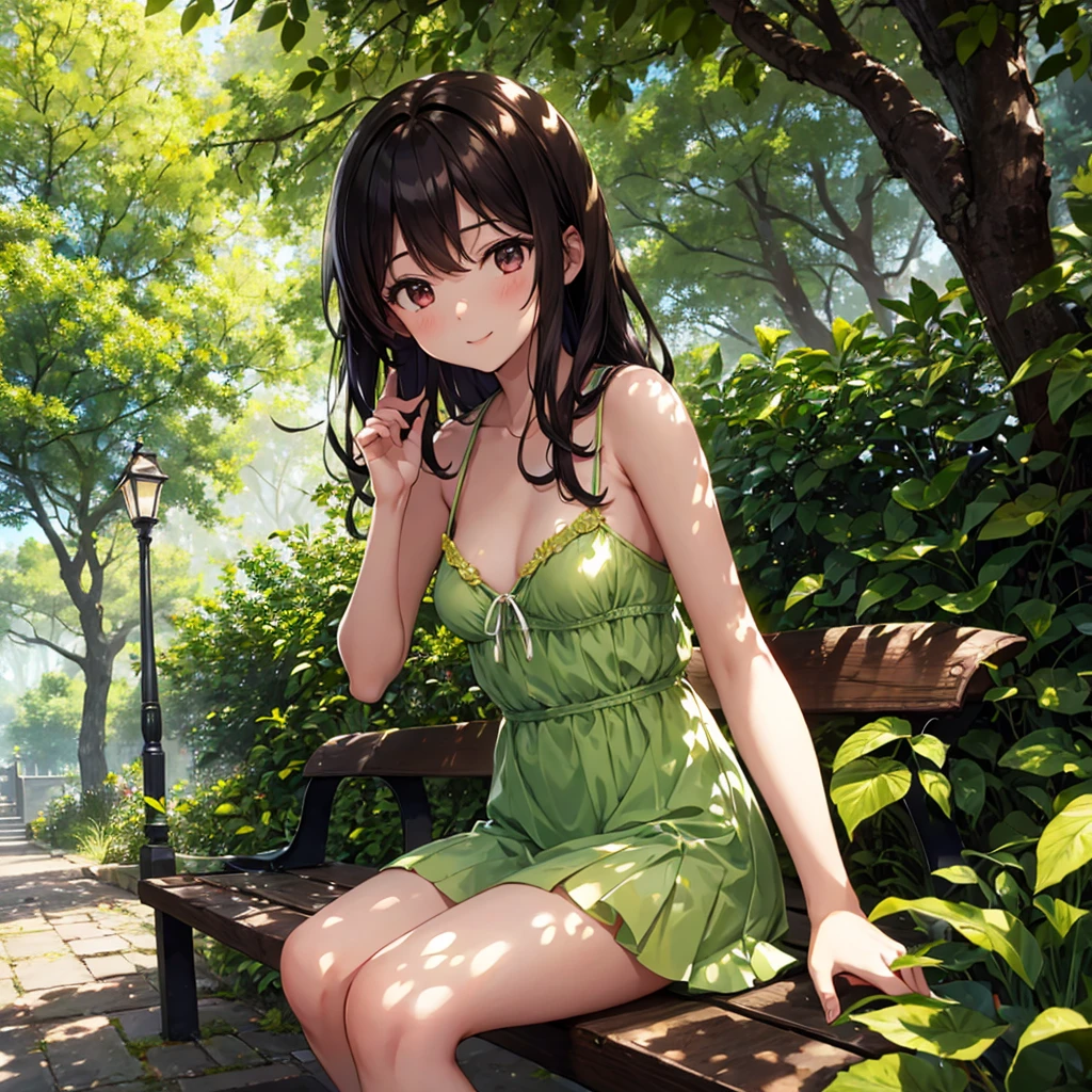 NSFW, sexy, erótico, Uma ilustração em estilo anime altamente detalhada e realista de uma menina de biquíni sob árvores de verão exuberantes, visto de um ângulo baixo olhando para cima, com cabelo castanho escuro na altura dos ombros com ondas leves, adornado com pequenas flores, olhos brilhantes tingidos de vermelho refletindo um sorriso gentil, em uma pose dinâmica expressando o calor do verão, cercado pela luz do sol filtrando pelas folhas e galhos, árvores de verão vibrantes, lâmpadas de rua, Bancos, muitas flores e vegetação lançando sombras ricas, com forte contraste entre luz e sombra, atmosfera vibrante de verão, efeitos de luz cintilante, sombras vibrantes e fantasiosas, Alto detalhe e resolução, profunda riqueza de profundidade, toque delicado e gentil, capturando a essência do início do verão.