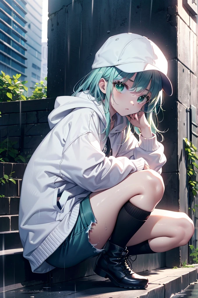 index, index, (Green Eyes:1.5), Silver Hair, Long Hair, (Flat Chest:1.2),Baseball hats,Oversized white hoodie,Shorts,black tights,short boots,Sitting on the steps of a building leaning against a wall,Hiding in a roofed building,rain,cloudy,whole bodyがイラストに入るように,
break looking at viewer, whole body,
break outdoors, In town,
break (masterpiece:1.2), Highest quality, High resolution, unity 8k wallpaper, (figure:0.8), (Beautiful attention to detail:1.6), Highly detailed face, Perfect lighting, Highly detailed CG, (Perfect hands, Perfect Anatomy),