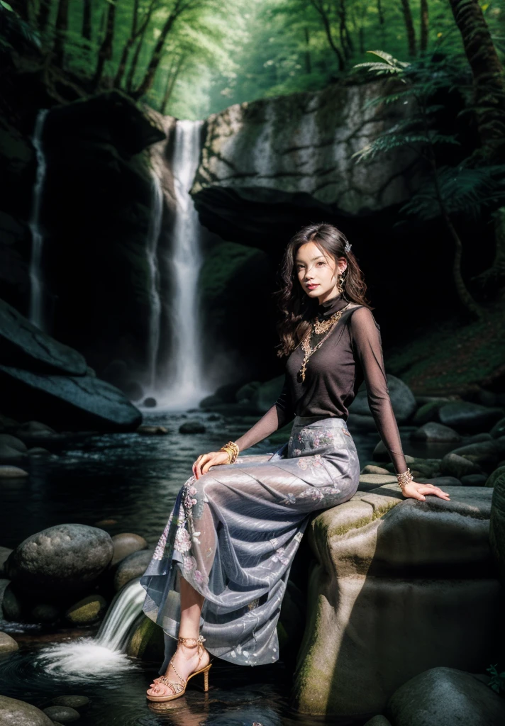 1girl,posture model,(portrait of a full body:1), sitting, book,slg,forest,waterfall, river,path,
(stochastic angle, stochastic pose,stochastic action),
luxury, jewelry, ornate, necklace, bracelet, hairpin,embroidery, (see-through Cream turtleneck, floral maxi skirt:1) 