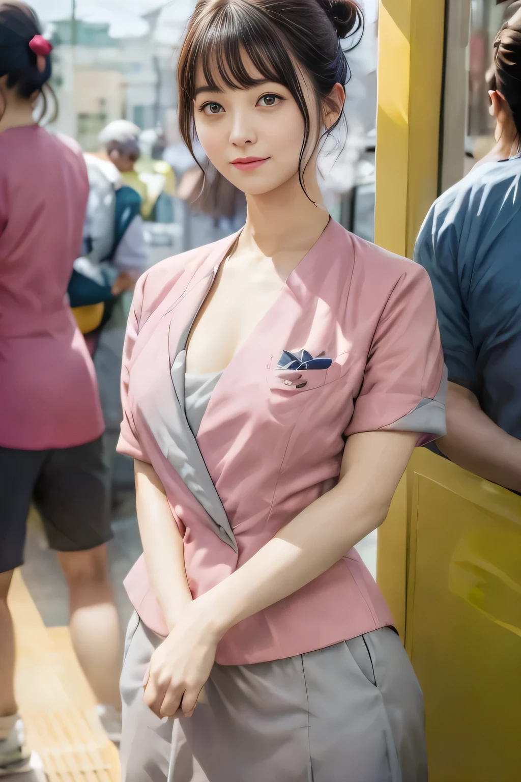 (masterpiece:1.2, Highest quality:1.2), 32k HDR, High resolution, (alone、1 girl)、（On the rooftop of a building in the daytime、Professional Lighting）、Building rooftop background、（Nankai train crew uniform pinkを着たリアルスタイル）、（Nankai train crew uniform pink short sleeve collarless pink jacket、Nankai Train Crew Uniform Pink Collarless Short Sleeve Blouse、Nankai Train Crew Uniform Pink Grey Knee-length Culottes）、（（The bottom of the pink short-sleeved jacket cannot be tucked into the clay-colored culottes.））、Dark brown hair、（Hair tied up、Hair Bun、Hair Bun）、Dark brown hair、Long Shot、Big Breasts、Thin legs、（（Great hands：2.0）），（（Harmonious body proportions：1.5）），（（Normal limbs：2.0）），（（Normal finger：2.0）），（（Delicate eyes：2.0）），（（Normal eyes：2.0））)、（Nankai Train Crew Uniform Pink Grey Knee-length Culottesを見せた美しい立ち姿）、smile