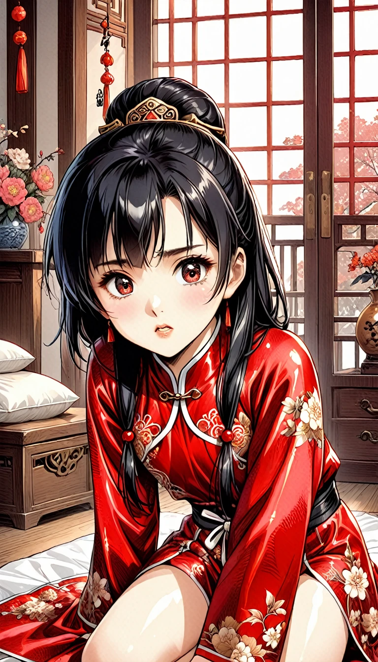 A tragic historical drama in 8k live-action style: Beautiful palace secrets　Beautiful 10 year old Chinese Kung Fu Princess with long black hair is tied up and has her pussy exposed　Gorgeous embroidery, Ultra glossy, She is wearing a shiny red top and bottom long sleeve floral pajama kung fu suit....　　