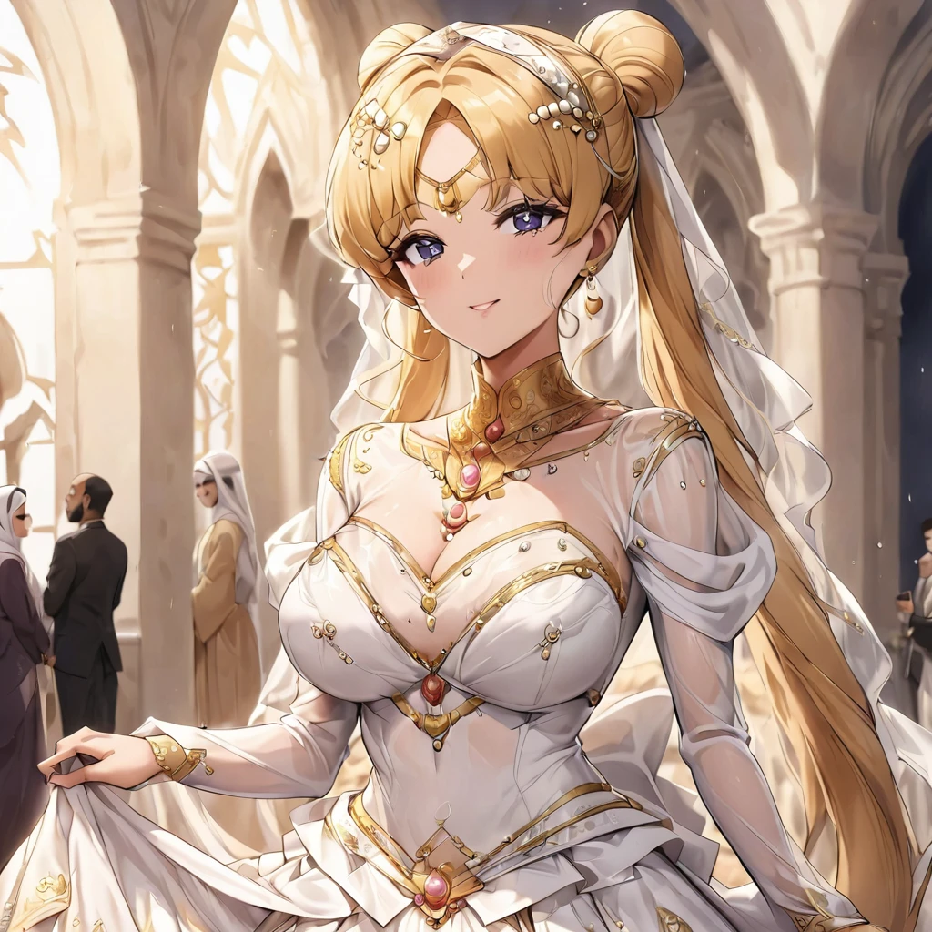 ((Highest quality)), ((masterpiece)), (detailed), （Perfect Face）、The woman is a light-skinned Arab Muslim named Tsukino Usagi, and is getting married in an Islamic church to a dignified, strong-looking, bearded middle-aged Arab Muslim man, wearing a gorgeous, glittering Arab wedding dress with gold embroidery, a gorgeous hair ornament, gorgeous jeweled accessories and an engagement ring.、The woman is an elegant Tsukino Usagi with long blonde hair in a chignon twin tail. The woman is a Muslim, light-skinned Arab Tsukino Usagi wearing an Arab wedding dress.