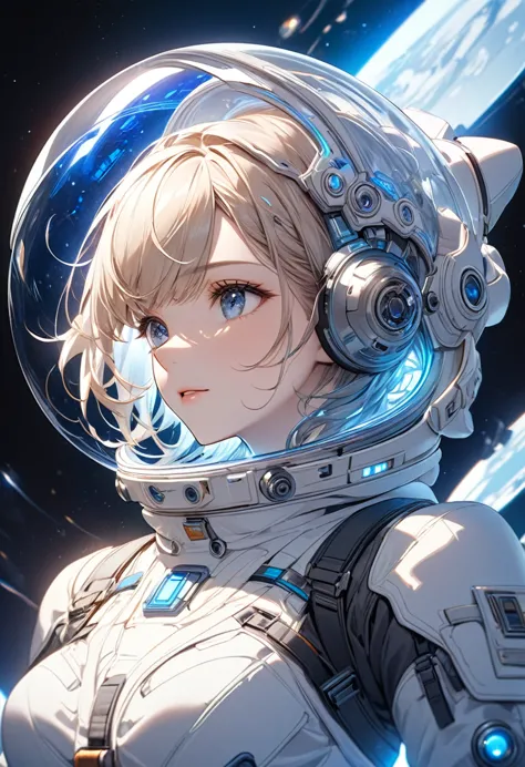  Perfect anatomy of a man wearing an astronaut suit、Beautiful girl hero pose wearing transparent helmet astronaut beige hair del...