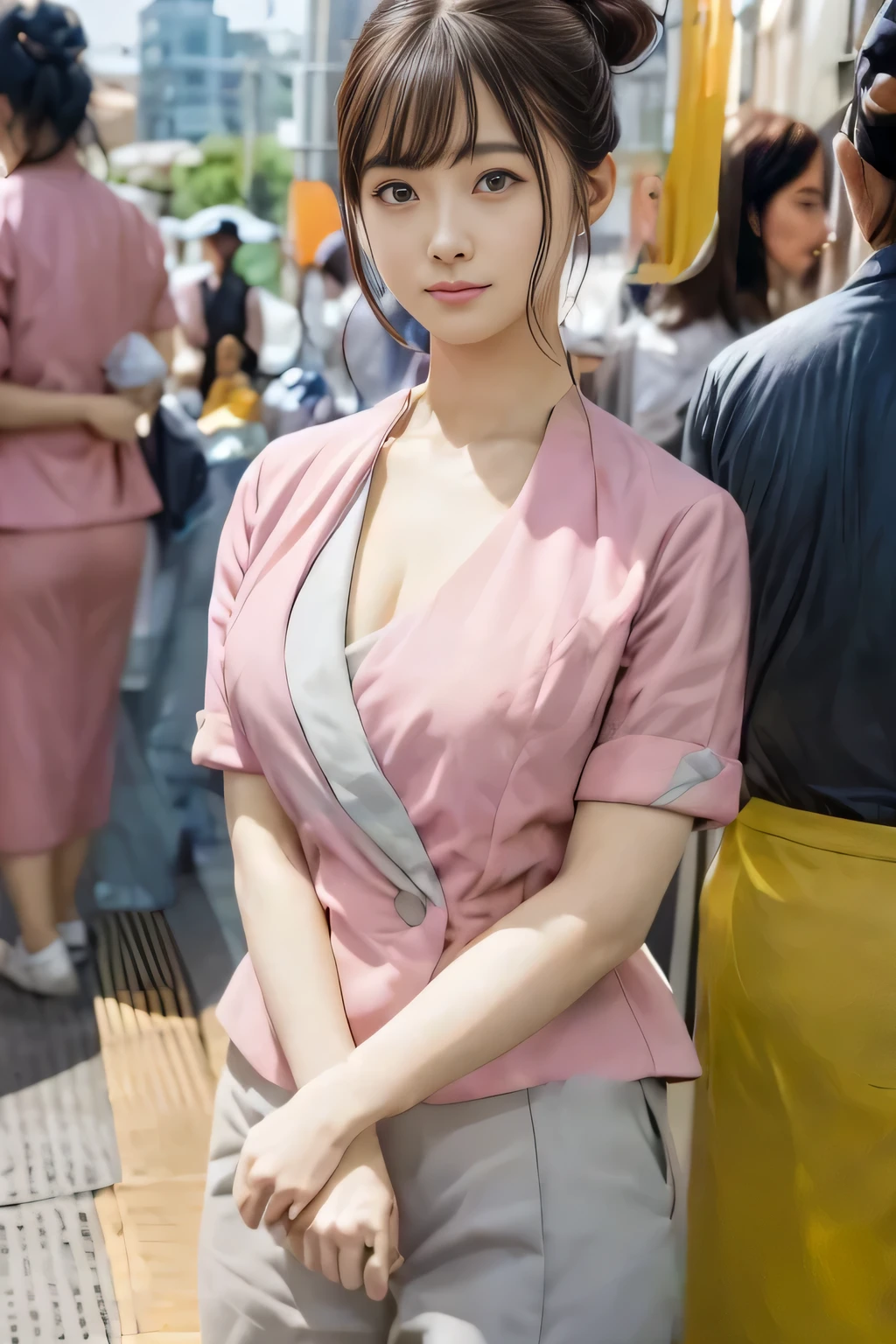 (masterpiece:1.2, Highest quality:1.2), 32k HDR, High resolution, (alone、1 girl)、（On the rooftop of a building in the daytime、Professional Lighting）、Building rooftop background、（Nankai train crew uniform pinkを着たリアルスタイル）、（Nankai train crew uniform pink short sleeve collarless pink jacket、Nankai Train Crew Uniform Pink Collarless Short Sleeve Blouse、Nankai Train Crew Uniform Pink Grey Knee-length Culottes）、（（The bottom of the pink short-sleeved jacket cannot be tucked into the clay-colored culottes.））、Dark brown hair、（Hair tied up、Hair Bun、Hair Bun）、Dark brown hair、Long Shot、Big Breasts、Thin legs、（（Great hands：2.0）），（（Harmonious body proportions：1.5）），（（Normal limbs：2.0）），（（Normal finger：2.0）），（（Delicate eyes：2.0）），（（Normal eyes：2.0））)、（Nankai Train Crew Uniform Pink Grey Knee-length Culottesを見せた美しい立ち姿）、smile