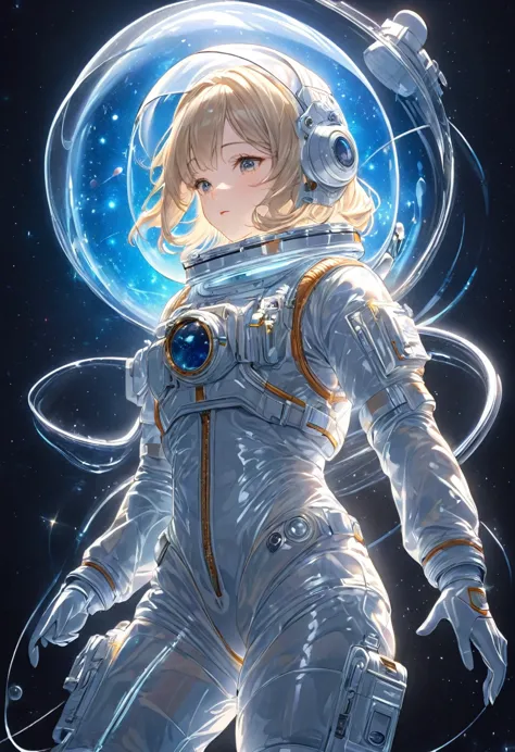  Perfect anatomy of a man wearing an astronaut suit、Beautiful girl hero pose wearing transparent helmet astronaut beige hair del...