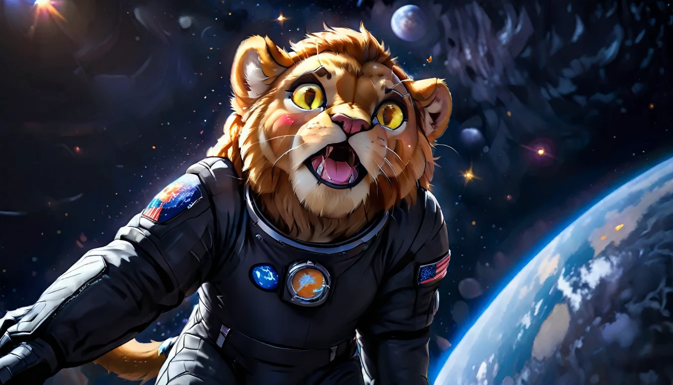 Arafed a picture of a anthomorph lion astronaut he stands on the moon (roaring: 1.3), open maw, mouth opened sense awe, sense of might, king of space, to space, an epic (anthomorph lion: 1.3), Ultra detailed head, open maw, best detailed head(wearing astronaut suit: 1.5), feline eyes, dynamic colors eyes, roaring as he stands on the moon roaring to space, the vastness of space above the king of space, many stars above him, vibrant, Ultra-high resolution, High Contrast, masterpiece:1.2, highest quality, Best aesthetics), best details, best quality, highres, ultra wide angle, 16k, [ultra detailed], masterpiece, best quality, (extremely detailed), Intense Gaze, Cinematic Hollywood Film, furry