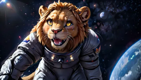 arafed a picture of a anthomorph lion astronaut he stands on the moon (roaring: 1.3), open maw, mouth opened sense awe, sense of...