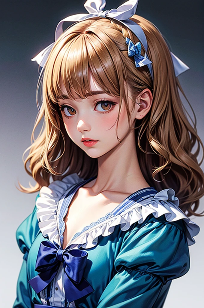 1 girl, Masterpiece, best quality, 8K, Fine texture, Fine fabric, Beautifully detailed face, complicated details, Very detailed, Alice in Wonderland, (bow on her head:1.1), upper body