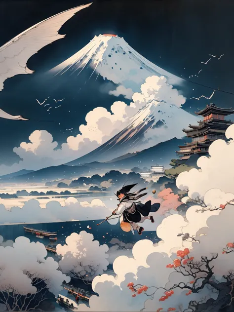  alita is flying alone with her big black wings in a painting of mount fuji by katsushika hokusai