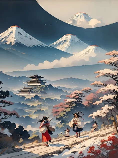 Battle angel alita serious vut a bit smiling in a painting of mount fuji by katsushika hokusai