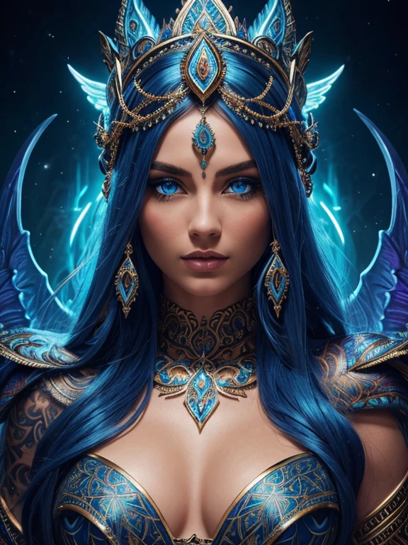 A beautiful detailed woman with striking blue eyes, sharp features, elaborate headdress, ornate jewelry, intricate body tattoos, surrounded by mythological creatures, fantasy landscape, glowing energy field, vivid colors, dramatic lighting, masterpiece, photorealistic, 8k, hyper detailed