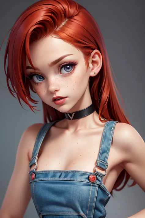 hyperrealistic 30 year old teen, redhead, perfect tiny body, sexy, dark makeup, small choker, perfect slim face, big red lips, v...