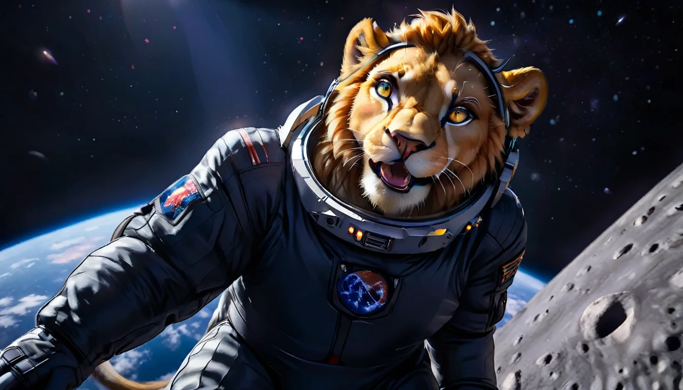 Arafed a picture of a anthomorph lion astronaut he stands on the moon (roaring: 1.3), open maw, mouth opened sense awe, sense of might, king of space, to space, an epic (anthomorph lion: 1.3), Ultra detailed head, open maw, best detailed head(wearing astronaut suit: 1.5), feline eyes, dynamic colors eyes, roaring as he stands on the moon roaring to space, the vastness of space above the king of space, many stars above him, vibrant, Ultra-high resolution, High Contrast, masterpiece:1.2, highest quality, Best aesthetics), best details, best quality, highres, ultra wide angle, 16k, [ultra detailed], masterpiece, best quality, (extremely detailed), Intense Gaze, Cinematic Hollywood Film, furry