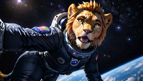 arafed a picture of a anthomorph lion astronaut he stands on the moon (roaring: 1.3), open maw, mouth opened sense awe, sense of...