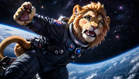 arafed a picture of a anthomorph lion astronaut he stands on the moon (roaring: 1.3), open maw, mouth opened sense awe, sense of...