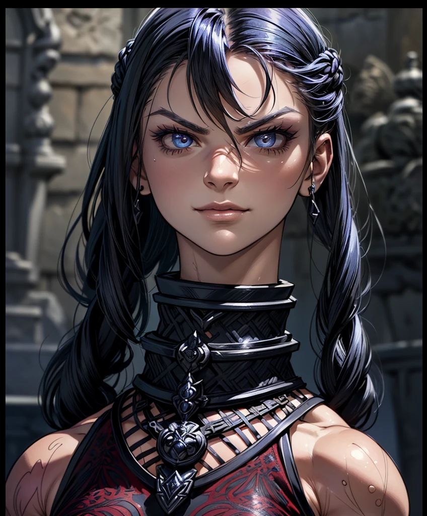 (((Single character image.))) (((1girl))) (((Luxurious hair and sexy smirk.))) (((18 years old.))) (((18yo.))) (((Cute smirk.)))  Wicked smirk. Looks like a powerful female character for Dungeons & Dragons.  Looks like a fierce female medieval fantasy gladiator.  Detailed expression.  Lots of personality.  Looks very imposing and sinister.  Looks like a powerful, muscular female gladiator for Dungeons & Dragons.  Looks fierce, dangerous and deadly.   Looks very dominant.  Dressed in traditional medieval fantasy attire.  A single character portrait, fantasy art, fantasy attire, attractive,  muscular, powerful body, detailed muscles, youthful, woman in her early 20’s, (((intense, serious stare))),  female warrior, powerful, dangerous, (((intense stare))),  revealing armor, gorgeous face, Dungeons & Dragons character portrait, intricate details, ultra detailed, ultra detailed clothes,  epic masterpiece, ultra detailed, intricate details, award winning, fantasy art concept masterpiece, trending on Artstation, digital art, unreal engine, 8k, ultra HD, centered image

