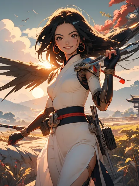 Battle angel alita, sexy, smiling, sun at sunrise behind her, drawn in ukiyo-e style