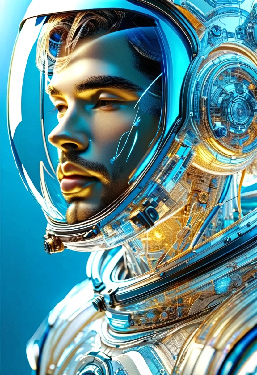  Perfect anatomy of a man wearing an astronaut suit、Close-up of pretty girl wearing transparent helmet astronaut beige hair delicate and beautiful intricate sci-fi digital art illustration edge blue light light and shadow effect movie scene masterpiece, The best quality meticulously carved extremely delicate art work ultra-precision art,Stunning digital art
